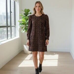 Loft Leopard Puff Shoulder Long Sleeve Shift Dress Brown Office Mob Wife XS